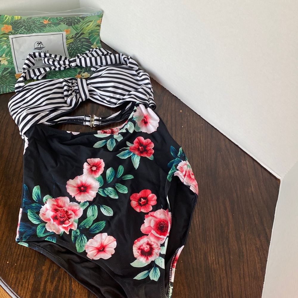 CUPSHE floral/stripe cutout halter one piece